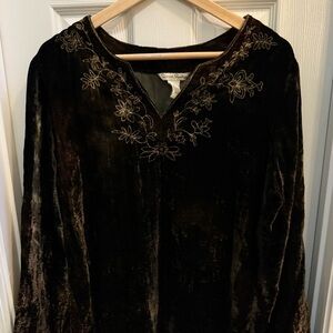 Vintage Green Black Velvet Peasant Blouse Women’s L Embroidery Earthy Grunge